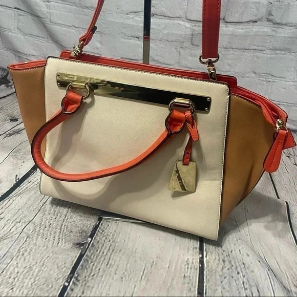 Aldo Color-block Satchel/Tote/Shoulder Bag Orange/Cream/Tan - Picture 2 of 12